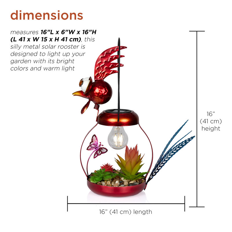 16"H Solar Metal Rooster with Enclosed LED Lights