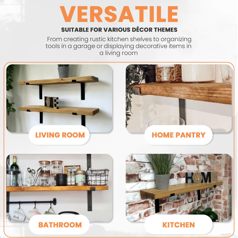 6 Pcs Heavy Duty Shelf Brackets For Scaffold Board Shelving - Shelves Support Industrial Rustic Style, Raw Steel-Down