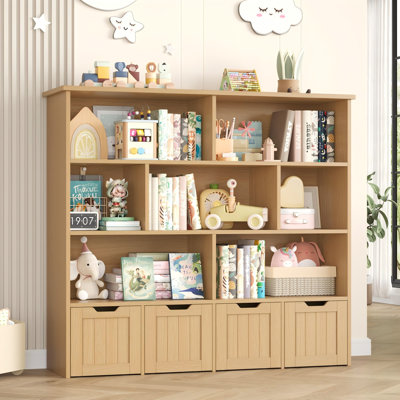 Kirklyn 49.4"W 7 Cube Bookcase, Standard Bookcase With 4 Removable Drawers, Wood Storage Standard Bookshelves