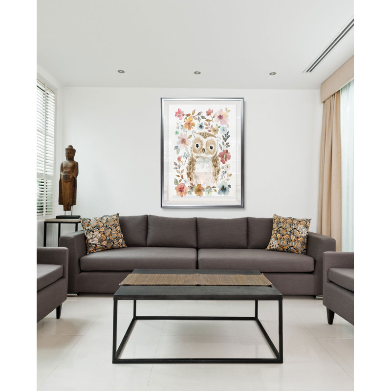 Fleurs et amis chouette - reproduction sur toile, H 30 po x l 22 po x P 1,5 po, Cadre argenté