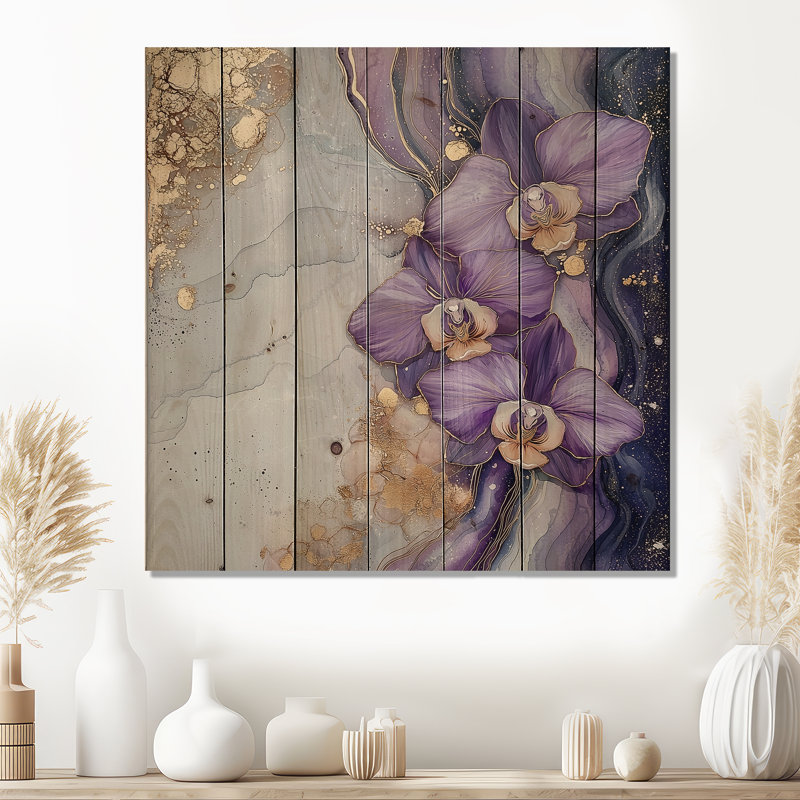 Marble Symphony Of Orchid II - Traditional Wooden Wall Art On Natural Pine Wood, 15" H x 15" W x 0.78" D