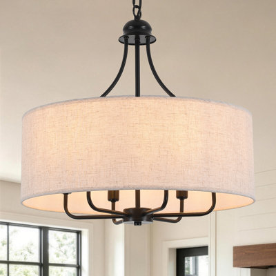 Lustre tambour bohème à 6 lumières de 21,6 pouces, suspension moderne de style ferme pour salle à manger avec abat-jour en lin