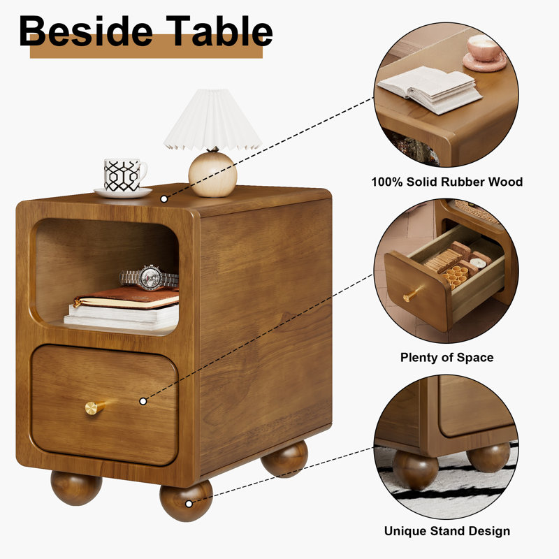 Solid Wood Nightstand, Narrow Night Stand With Drawers, Mid Century Modern Nightstand, Small Beside Table With Open Storage Shelf For Bedroom (12 Inch)