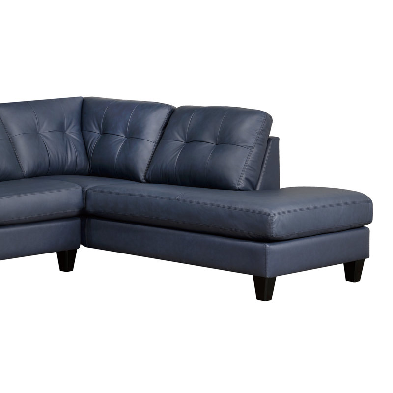 Aarah Upholstered L-Shaped Sectional, Right Hand Facing, Blue Genuine Leather
