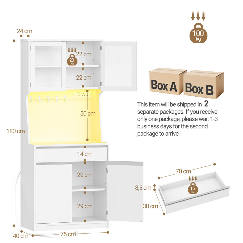 Kitchen Cabinets with LED & Power Outlet, Tall Kitchen Cupboard with Countertop and Drawers, Pantry Storage Cabinet, Adjustable Shelves, for Dining Room, 40 × 75 × 180 cm