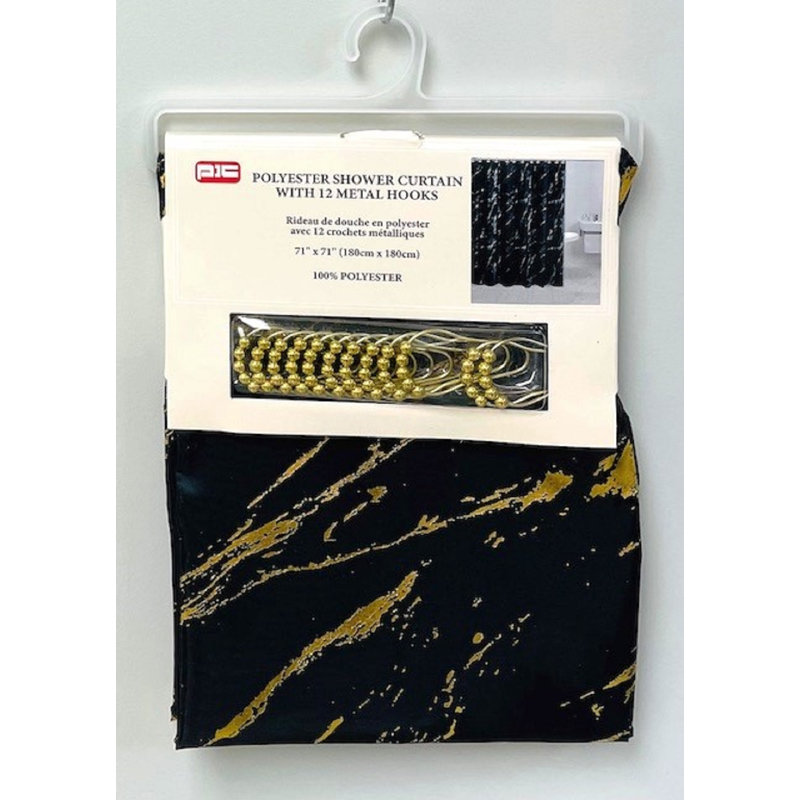 Rideau de douche avec crochets inclus, Noir / or