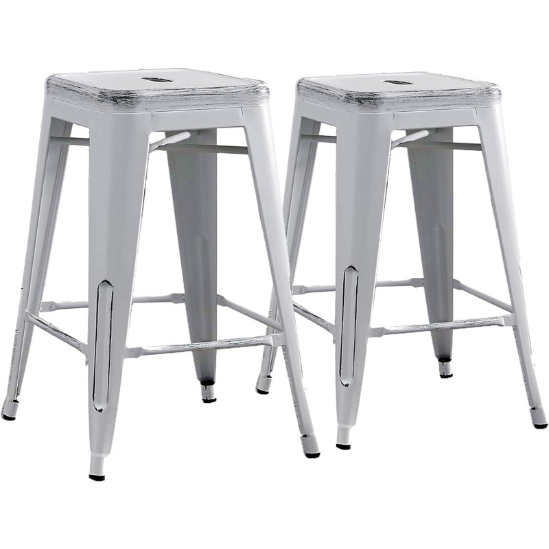 Backless Modern Light Weight Industrial Contemporary Rustic Vintage Costal Metal Bar Stools Without Back And 4 Leg Design (Set Of 2) (24" Seat, Distressed White)