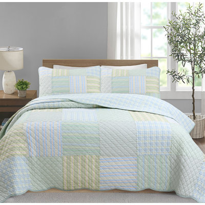 Ensemble de courtepointe réversible en coton standard bleu / vert 3 pièces BB2022-075