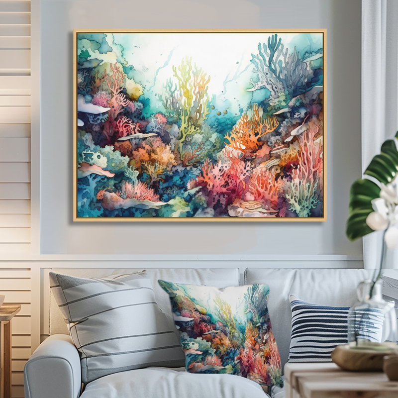 «Vibrant Coral Reef III - Modern Beach», art mural, H 16 po x l 32 po x P 1 po, Cadre flottant érable
