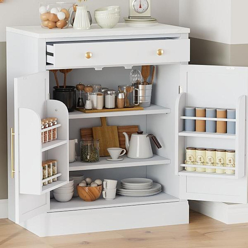 Garde-manger autoportant moderne, rangement pour nourriture buffet, armoire à café avec tiroir, 2 tablettes réglables et 2 tablettes de porte pour la salle à manger, cuisine, blanc