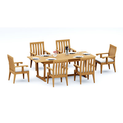 Ensemble de salle à manger en bois de teck de qualité A pour 6 sièges 6 pièces: table de chevet rectangulaire à double tréteaux 94 po et 6 fauteuils Caranas # 11Ca2106