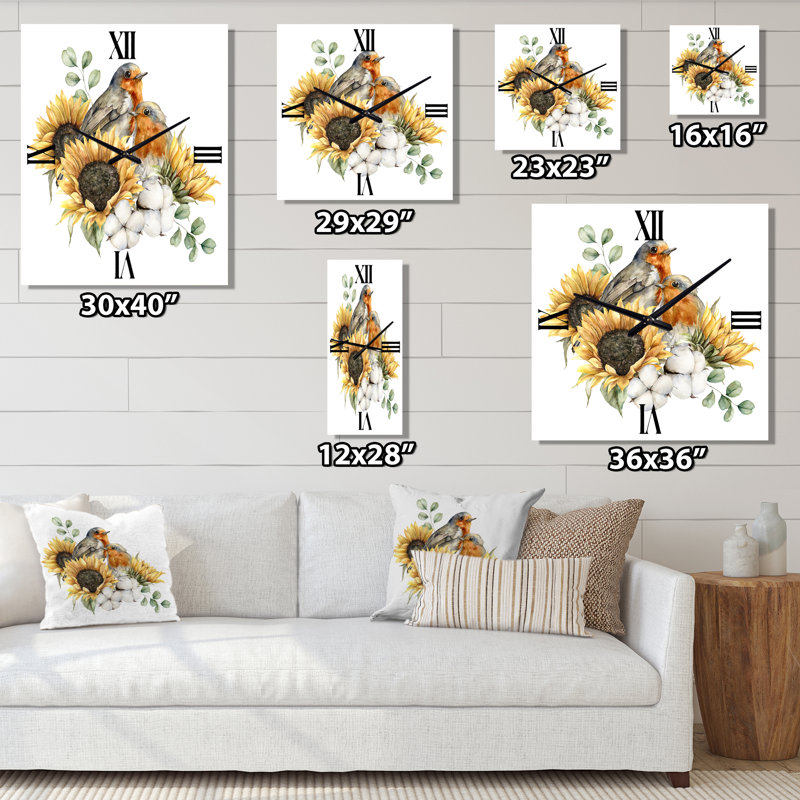 Horloge murale en coton avec bouquet d'automne et tournesols Redbreasts, Moyen