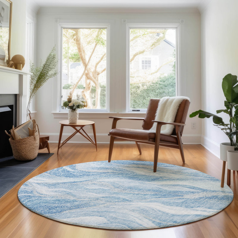Premium Machine Washable Prisco Blue Rug, Round 8'