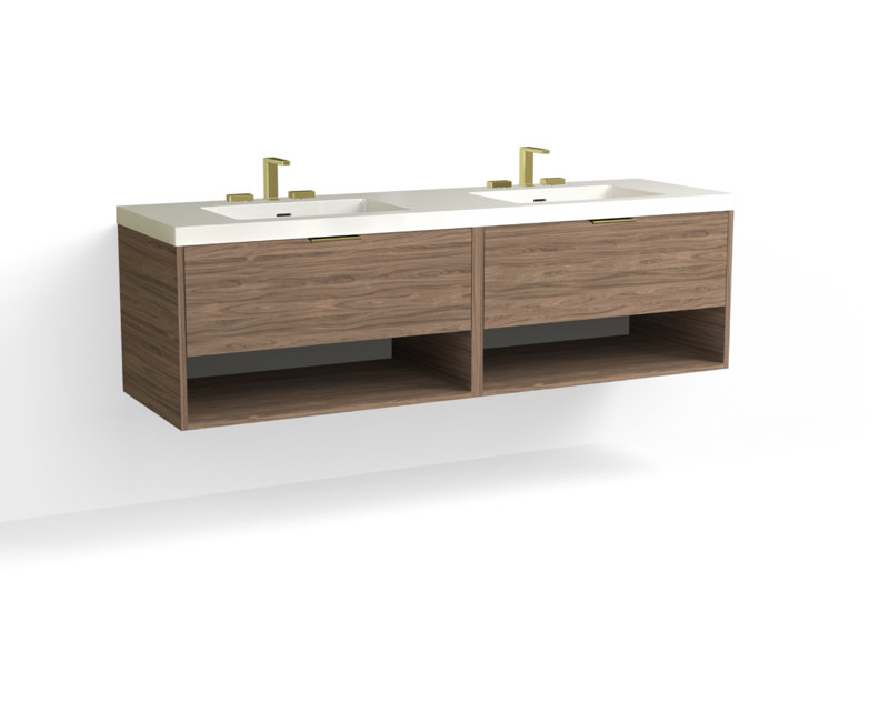 Modo 72" W Wall Mounted Double Bathroom Vanity, Glossy White/8" Widespread, Charred, Satin Nickel