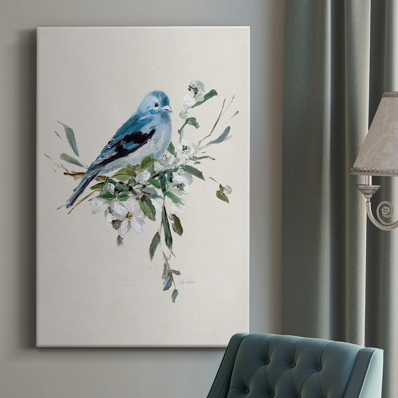 Bluebird Happy I, toile tendue avec châssis de qualité supérieure - prête à être accrochée, H 48 po x l 32 po x P 1 po