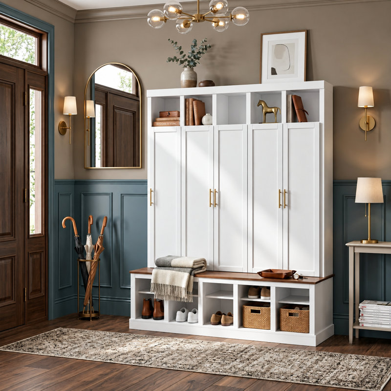 Grand arbre d'entrée de style campagnard avec armoire cachée et rangement pour chaussures à double couche, Blanc ancien