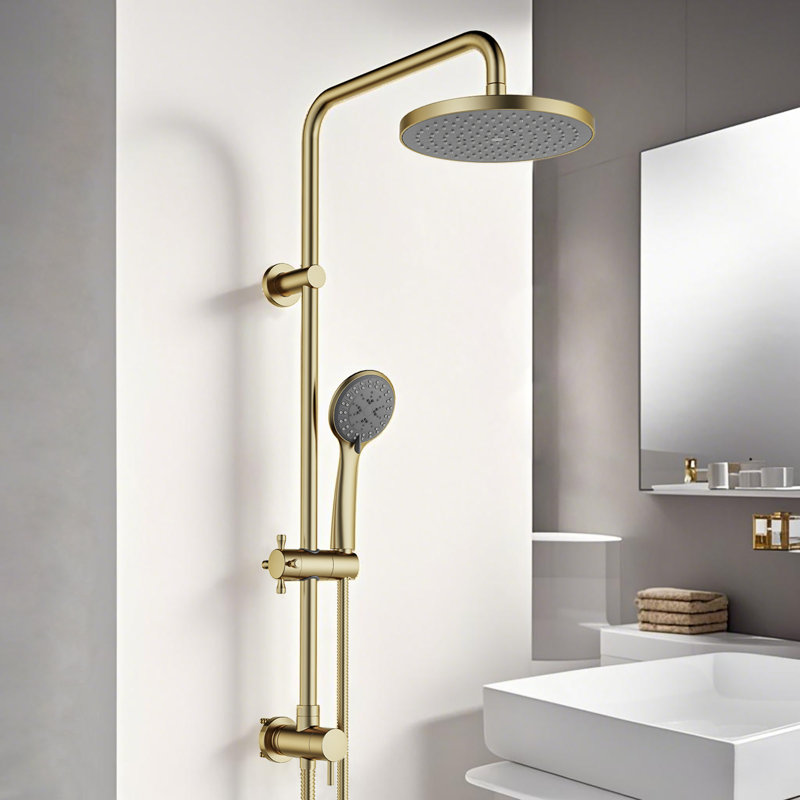 Kingston Concord Wall Mount Rain Drop Shower System With Hand Shower, Brushed Brass