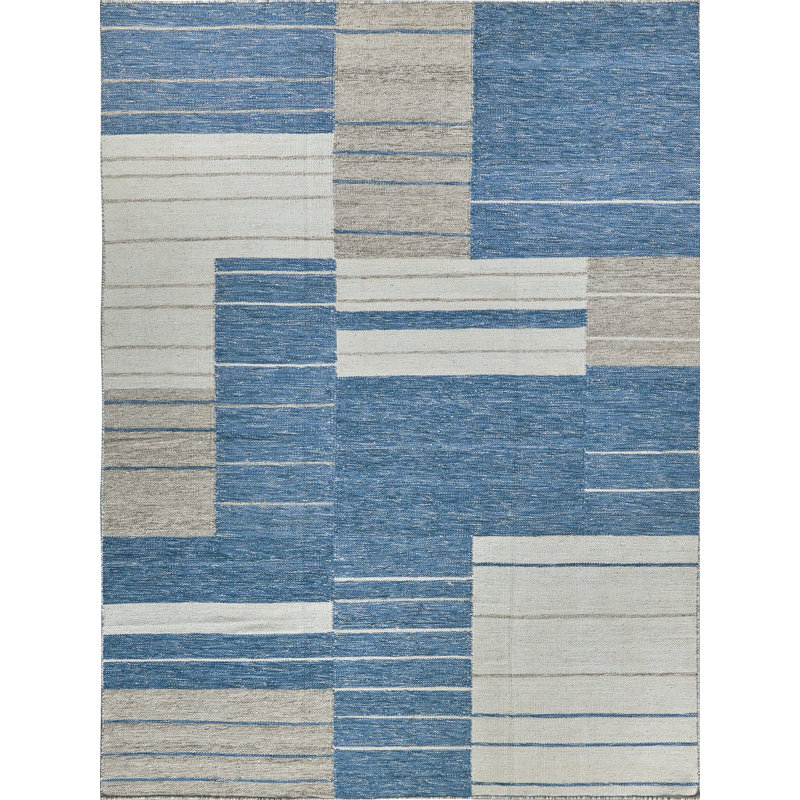 Scandinavian Hand Loomed Geometric Area Rug in Blue/Ivory, Rectangle 4'3" x 6'