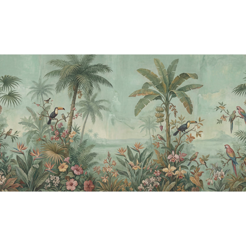 Décoration murale amovible oiseaux tropicaux vert, Non-Woven Nonpasted, 140" x 108"