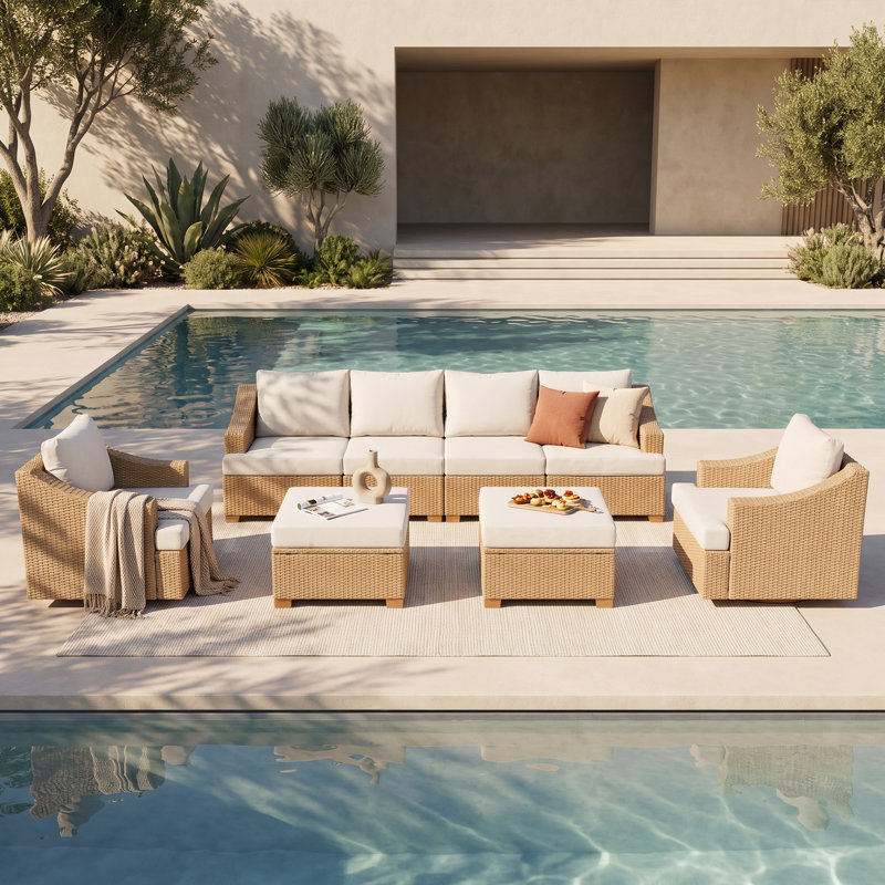 Ensemble de 8 pièces de sièges de patio en rotin avec coussins, 5 pièces: 2 chaises, canapé, 2 repose-pieds
