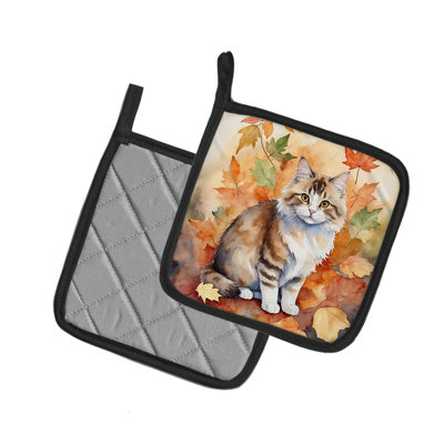 Ragamuffin Cat in Fall Leaves Pair of Pot Holders