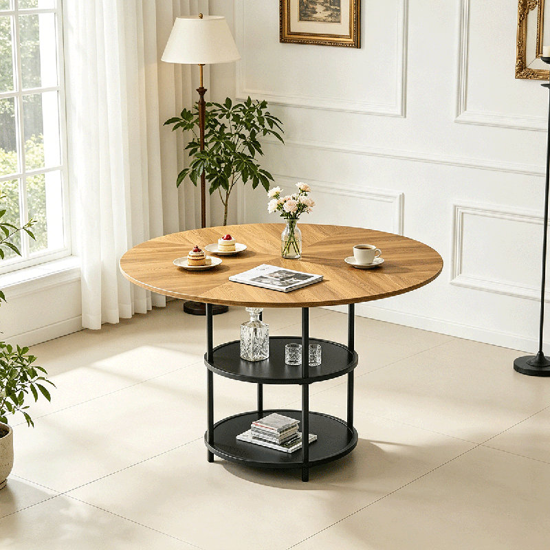Table de salle à manger ronde Bonelli, table de salle à manger de ferme de 47,3 po avec tablette de rangement, plateau de table en bois avec structure en métal, table de cuisine et de salle à manger noire / bois fendue et peu encombrante.