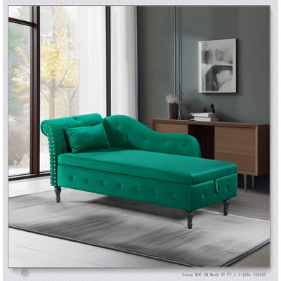 Luxueuse chaise longue en velours avec rangement, conception capitonnée et pieds en bois massif pour une utilisation polyvalente à la maison