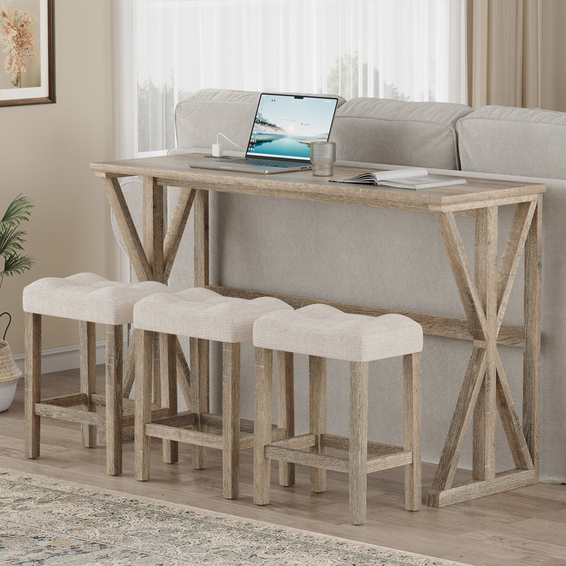 Ensemble de salle à manger à hauteur de comptoir 4 pièces avec tabourets rembourrés pour petits espaces Farmhouse, Wood Brown