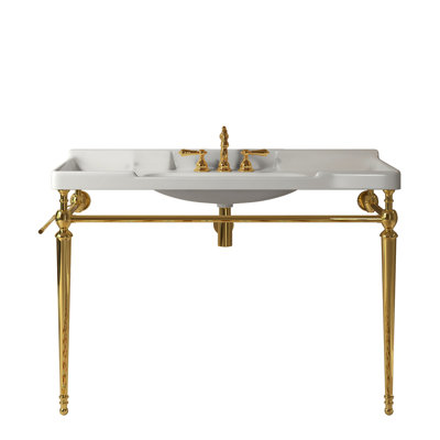 VICI 48" Bathroom Console Sink, Wall-Mounted White Ceramic Vanity Basin With 3 Pre-Drilled Faucet Holes, Freestanding Stainless Steel Support Legs With Towel Bar, No Faucet & Sink Cover, Gold Color