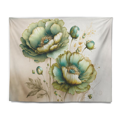«Vibrant Green Poppy Flowers II» - Tapisserie murale florale et botanique
