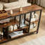 Console industrielle 70 po, table d'entrée à 8 tablettes ouvertes, brun rustique et métal noir, pour le salon et le couloir