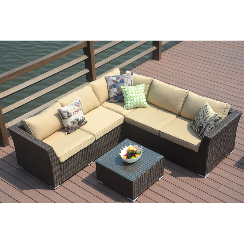Ensemble de conversation modulaire avec coussins 4 pièces en rotin Messick, Taupe