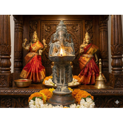 5" Handmade Brass Ganesha Oil Lamp Auspicious Standing Figure Indian Home Decor Lighting