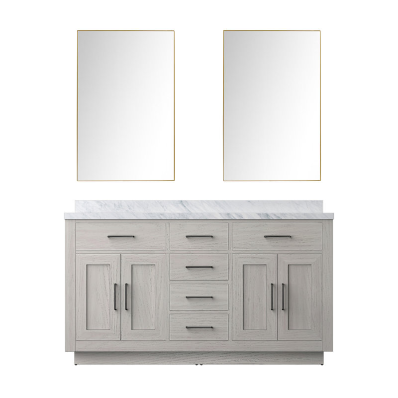 Meuble-lavabo double en chêne blanc 60 po X P 22 po P, comptoir en marbre de Carrare et Miroir, Marbre de Carrare