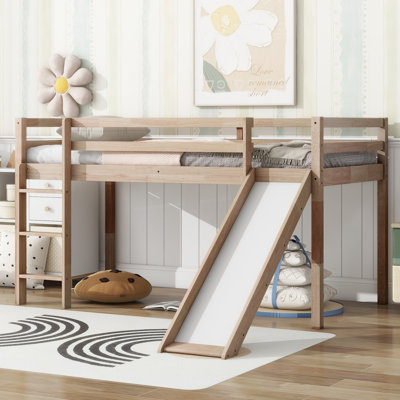 Twin Low Loft Bed with Slide, Ladder & Safety Guardrails, Rubber Wood Kids Loft Bed, Natural Finish