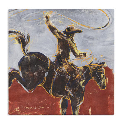 Rustic Western Cowboy Wild Horse Lasso Oversized Stretched Canvas Wall Art by Annie Warren