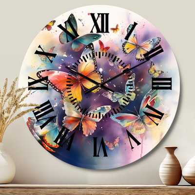 Purple Butterflies In The Air - Animals Butterfly Black Face Wall Clock