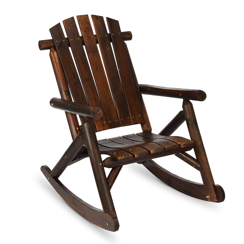 Adirondack Rocking Chair, Patio Log Rocker Outdoor Lounge Chair With Slatted Design, Fanned Back & Classic Rustic Style For Garden Patio Backyard Porch