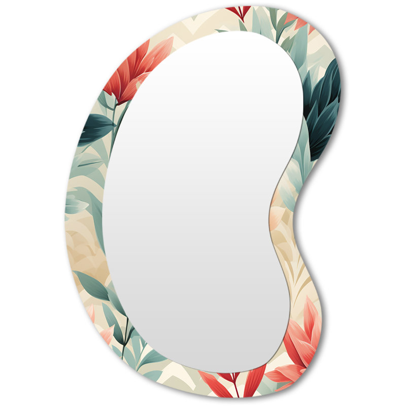 Anwick Coral And Blue Enchanted Gardens Chevron Pattern - Floral Asymmetrical Wall Mirror, Pink Unique Shape Decorative Mirror, Printed Metal Art