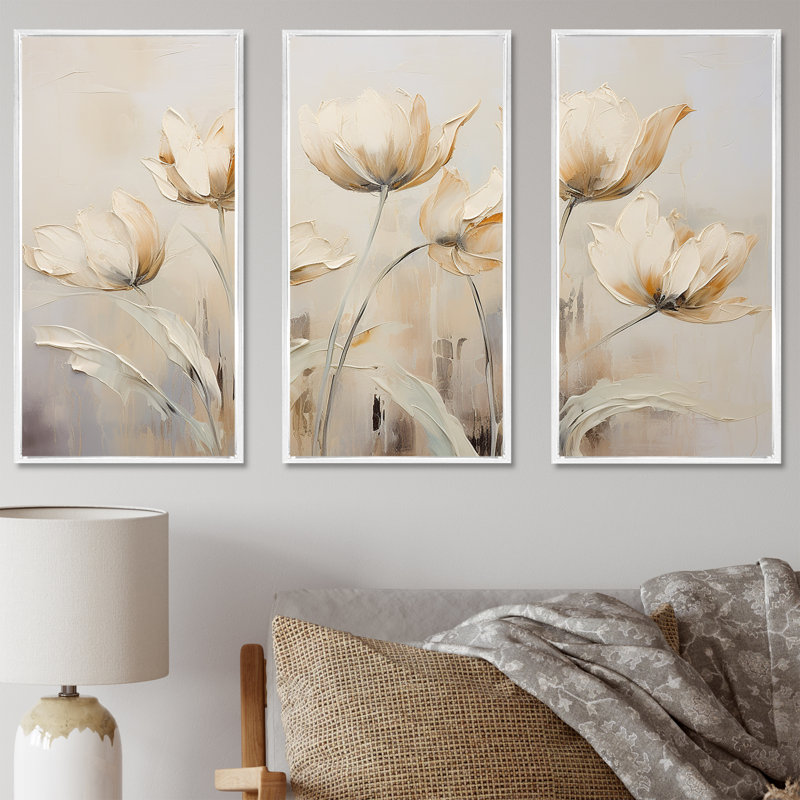 Ensemble de tulipes beiges embellies Symphony I - Tulipes, H 32 po x l 48 po, Cadre flottant blanc