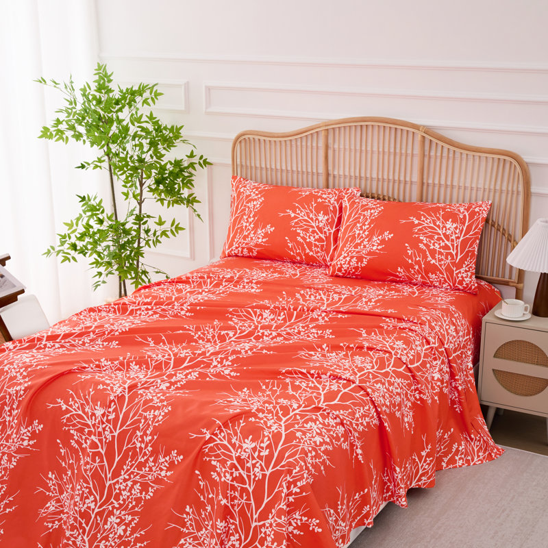 Microfiber Floral Sheet Set, Twin Sheet Set + 1 Fitted Sheet + 1 Pillowcase, White/Taupe