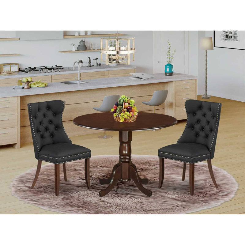 3-Piece Antique Walnut Finish Solid Wood Top-Round Upholstered Dining Room Set with Dropleaf-Seats 4, Mahogany, Black