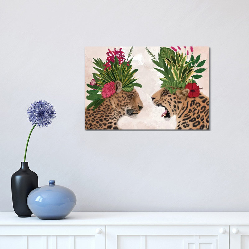 «Hot House Leopards, pair, rose vert» par Fab Funky - impression sur toile tendue, H 12 po x l 18 po x 1,5 po
