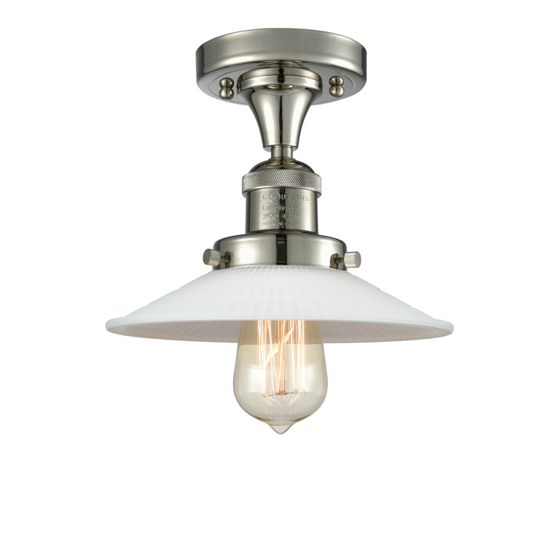 Katalina Glass Semi Flush Mount, Polished Nickel, Matte White Halophane, 6 Watt Vinage LED Bulb