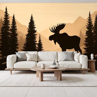 Peel and Stick Wallpaper Silhouette Moose Pine Forest Mountain Sunset Wall Murals 69"H x 96"W Removable PVC Wall Paper Self-Adhesive Wall Decor for Bedroom Living Room Home Office
