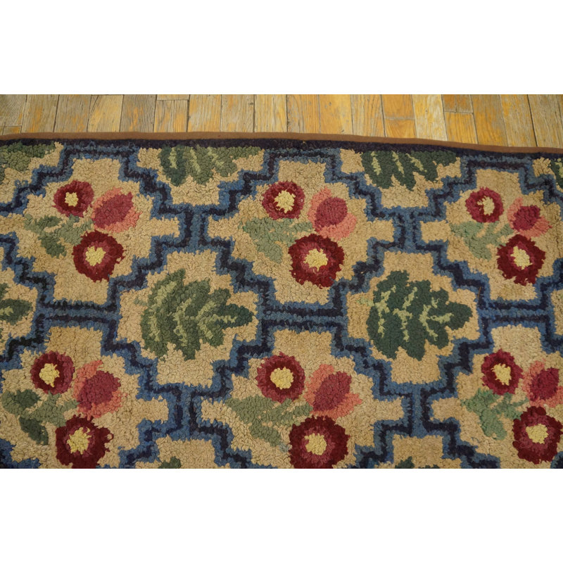 Small Size Ivory Color Antique American Folk Art Design Hooked Rug