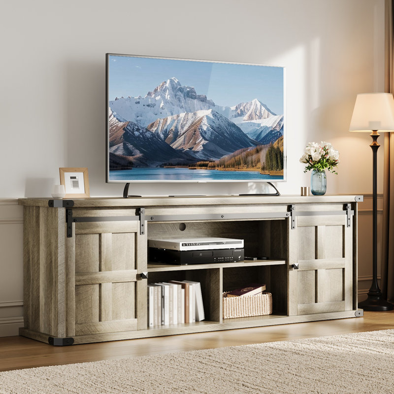 Farmhouse TV Stand for 75 Inch TV, Entertainment Center with Storage Cabinets and Sliding Barn Doors, Antique Gray