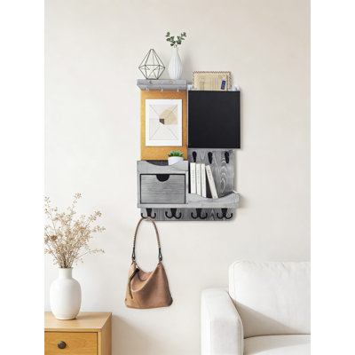 Porte-clés mural et organisateur de courrier avec tableau noir, tableau de liège, tablette de rangement et tiroir pour l'organisation du vestibule