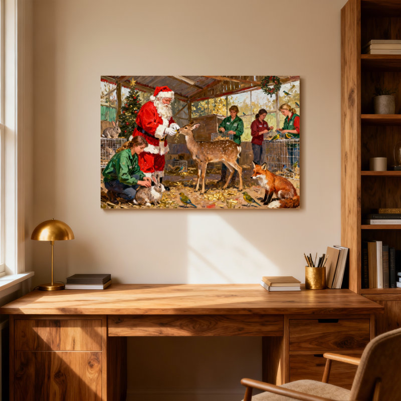 Le père Noël nourrit le cerf dans une grange avec des animaux, H 12 po x l 18 po