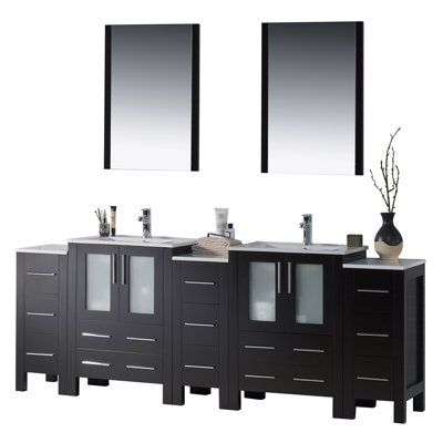 Mance 84.88 " W Freestanding Standard Free Standing Single Double Vanity Bathroom Vanity With Ceramic Top with Mirror